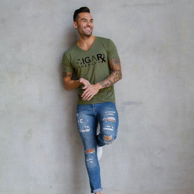 Olive Green Men's CIGARx with Camo V-Neck T-Shirt Model