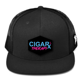 CIGARX Black Flat Trucker Snapback with Blue and Pink on Black Rogue Patch Miami Edition