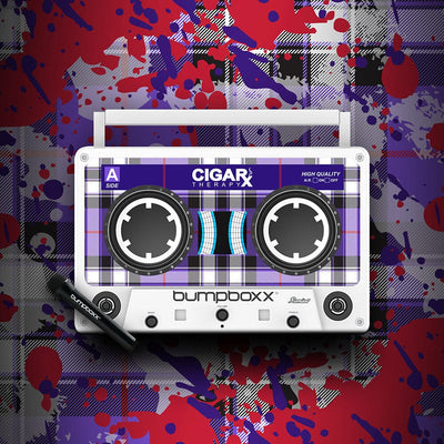 White CIGARx REMIXX ID w/ Black, White & Purple Pattern Bumpboxx on Abstract Background