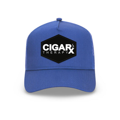 Blue Curved Trucker with Black Classic Patch Front View