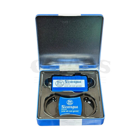 Blue & White Nicaragua Metal Cigar Rest/Cutter & Lighter