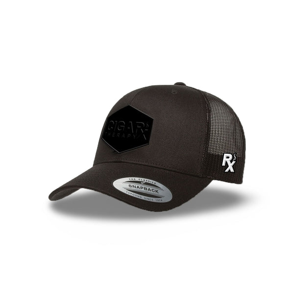 Black Curved Trucker with Blackout Patch Angled