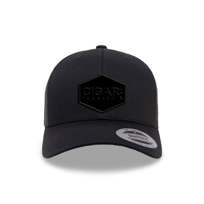 Black Curved Trucker with Blackout Patch Front View