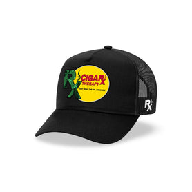 Black Curved Trucker with Green Rx on Yellow Patch