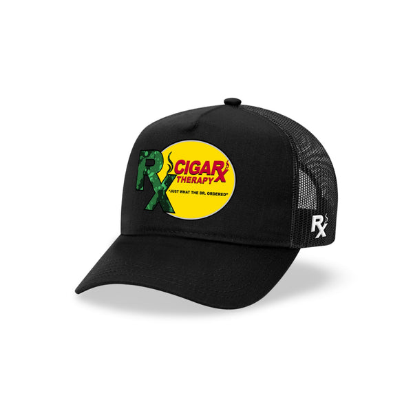 Black Curved Trucker with Green Rx on Yellow Patch