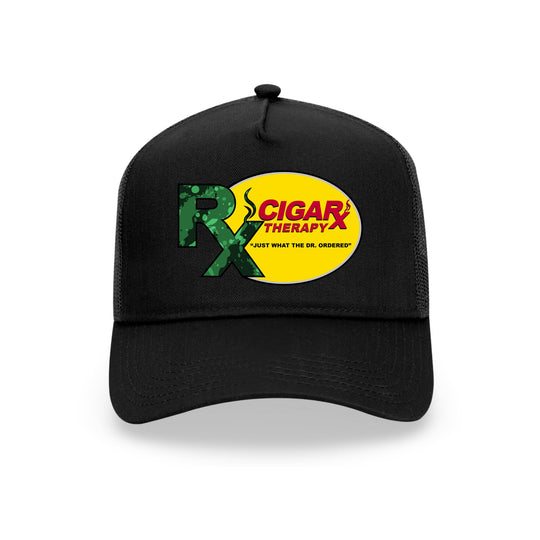 Black Curved Trucker with Green Rx on Yellow Patch