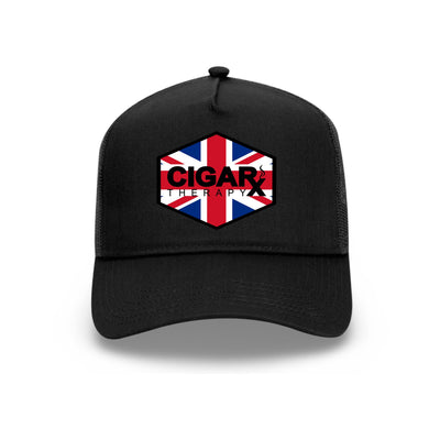 Black Curved Trucker with Union Jack Flag Patch Front View