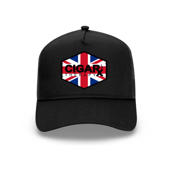 Black Curved Trucker with Union Jack Flag Patch Front View