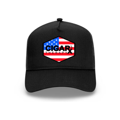 Black Curved Trucker with USA Flag Patch Front View
