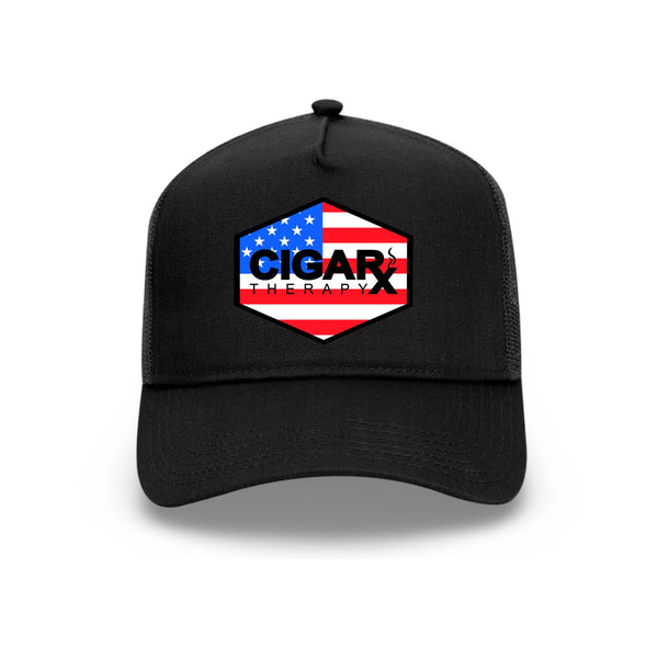 Black Curved Trucker with USA Flag Patch Front View