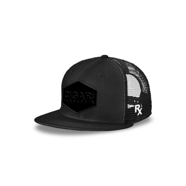 Black Flat Trucker with Blackout Patch Front View