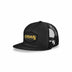 Black Curved Trucker with Gold Classic Patch Angeled View