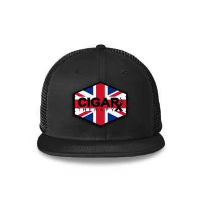 Black Flat Trucker with Union Jack Flag Patch Front View