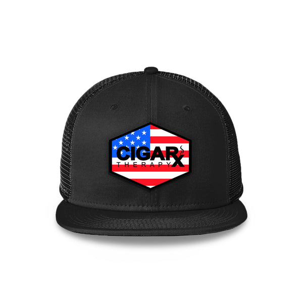Black Flat Trucker with USA Flag Patch Front View