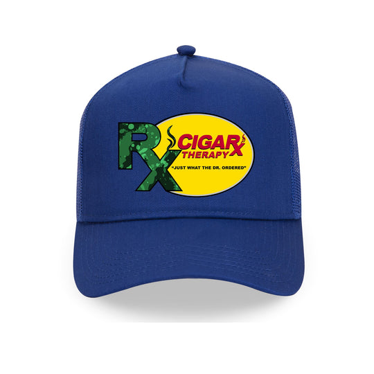 Blue Curved Trucker with Green Rx on Yellow Patch