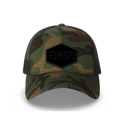 Camo Curved Trucker with Blackout Patch Front View