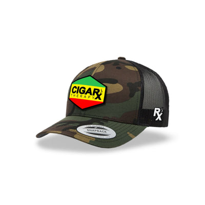 Camo Curved Trucker with Reggae Rasta Patch Angled View