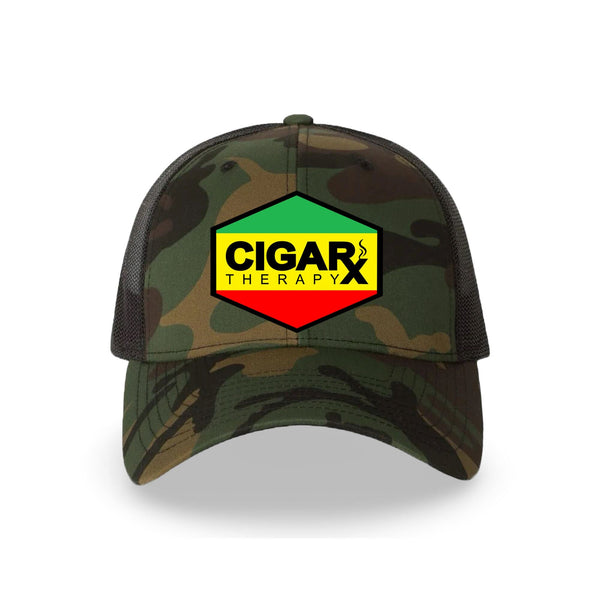 Camo Curved Trucker with Reggae Rasta Patch Front Vew