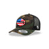 Camo Curved Trucker with USA Flag Patch Angled