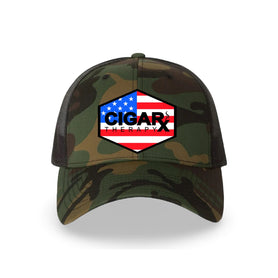 Camo Curved Trucker with USA Flag Patch Front View