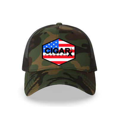 Camo Curved Trucker with USA Flag Patch Front View