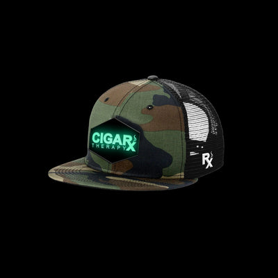 Camo Flat Trucker w/ Black Classic GLOW in the Dark Patch L.E. Angled View