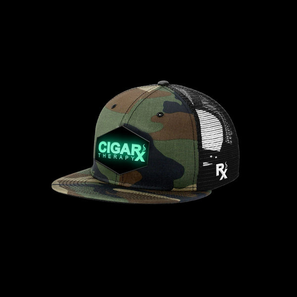 Camo Flat Trucker w/ Black Classic GLOW in the Dark Patch L.E. Angled View