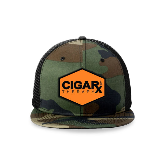 Camo Flat Trucker with Black on Orange Patch