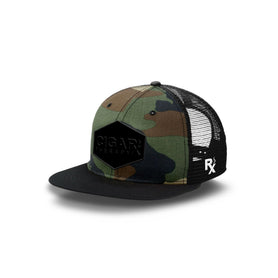 Camo Flat Trucker with Blackout Patch Side View Black Bill