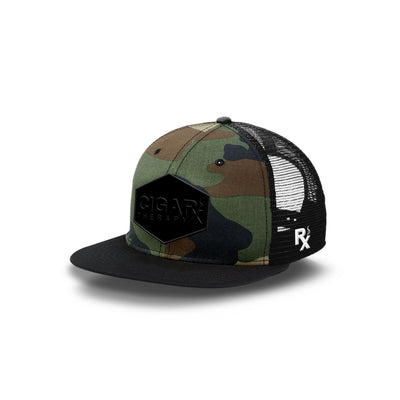 Camo Flat Trucker with Blackout Patch Side View Black Bill