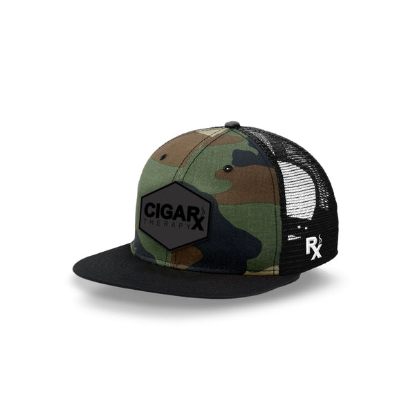 Camo Flat Trucker with Blackout Patch Angled Black Bill