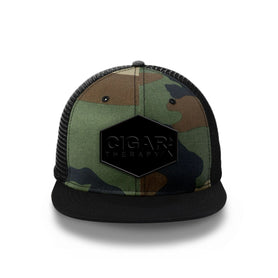 Camo Flat Trucker with Blackout Patch Front View Black Bill