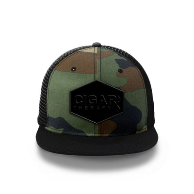 Camo Flat Trucker with Blackout Patch Front View Black Bill