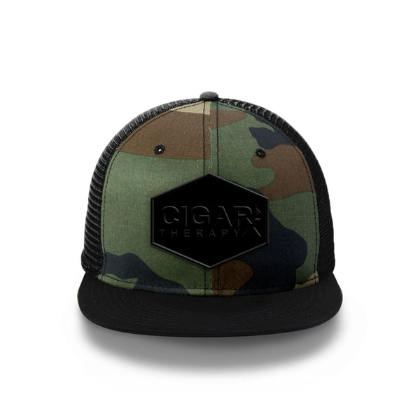 Camo Flat Trucker with Blackout Patch Front View Black Bill