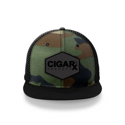 Camo Flat Trucker with Blackout Patch Front View Black Bill