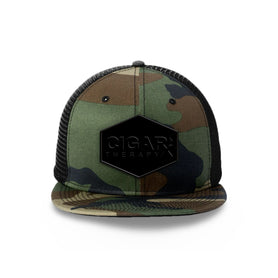 Camo Flat Trucker with Blackout Patch Front View