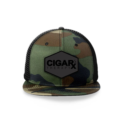 Camo Flat Trucker with Blackout Patch Front View Camo Bill