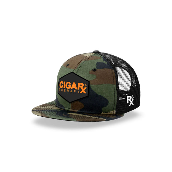 Camo Flat Trucker with Orange on Black Patch Angled Camo Bill