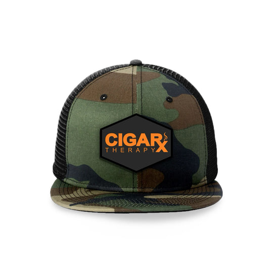 Camo Flat Trucker with Orange on Black Patch