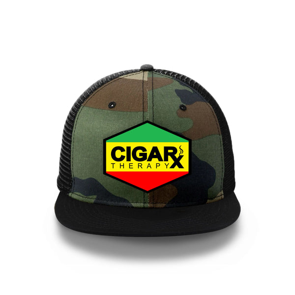 Camo Flat Trucker with Reggae Rasta Patch Black Bill Front View