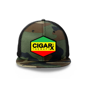 Camo Flat Trucker with Reggae Rasta Patch Camo Bill Front View