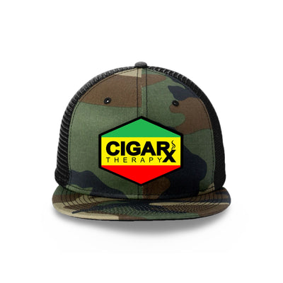 Camo Flat Trucker with Reggae Rasta Patch Camo Bill Front View