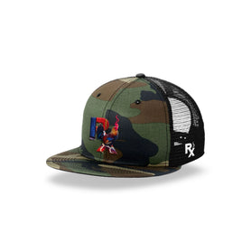 Camo Flat Trucker with Smokin Cock Patch Angled Black Outline Camo Bill 