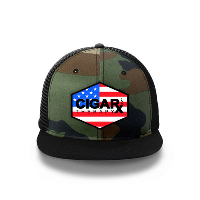 Camo Flat Trucker with USA Flag Patch Black Bill Front View
