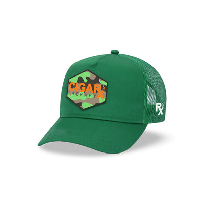 Green Curved Trucker with Orange Logo on Camo Patch