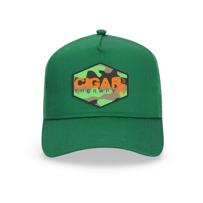 Green Curved Trucker with Orange Logo on Camo Patch