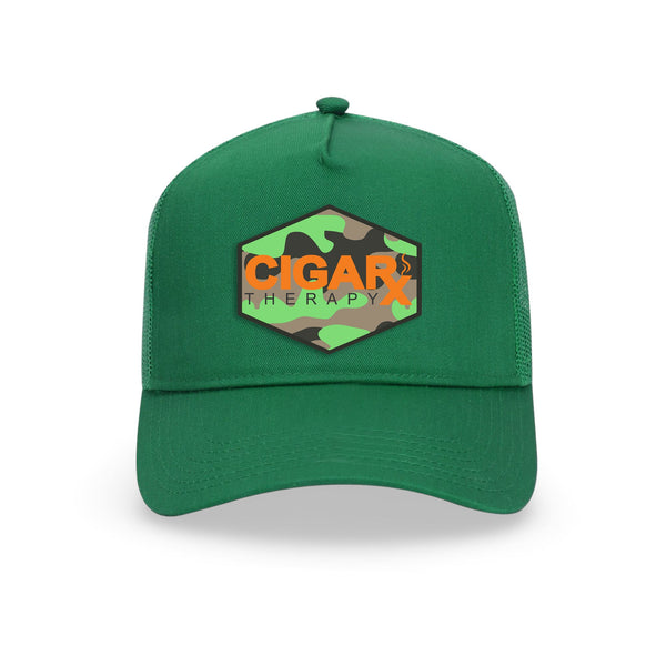 Green Curved Trucker with Orange Logo on Camo Patch
