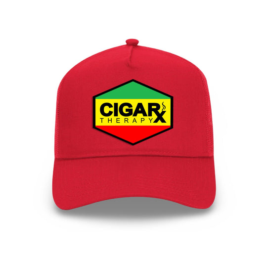 Red Curved Trucker with Reggae Rasta Flag Patch