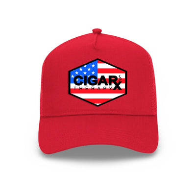 Red Curved Trucker with USA Flag Patch