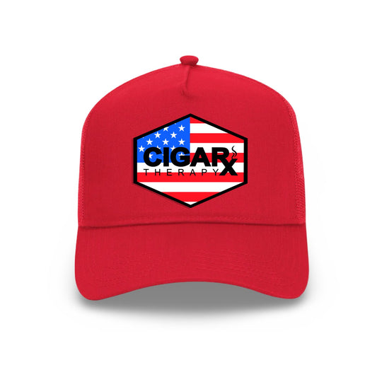 Red Curved Trucker with USA Flag Patch